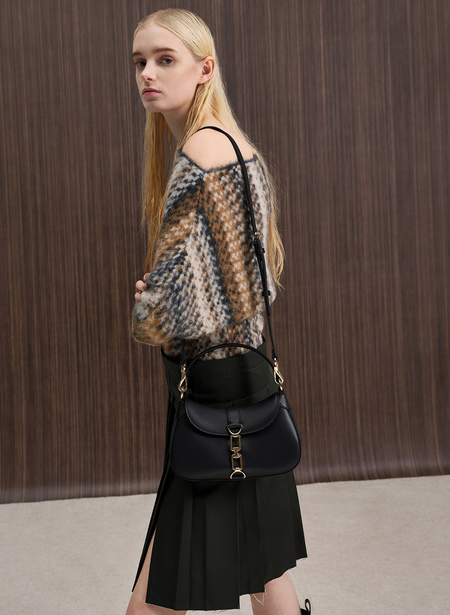 Agatha Chain-Accent Hobo Bag, Black, hi-res
