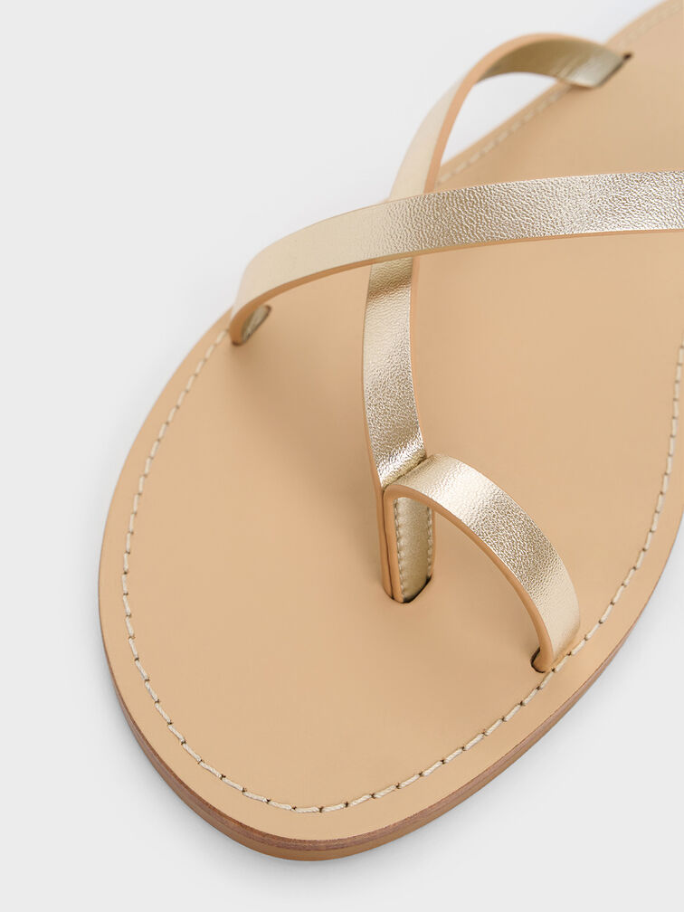 Metallic Asymmetric Strappy Toe-Ring Sandals, Light Gold, hi-res