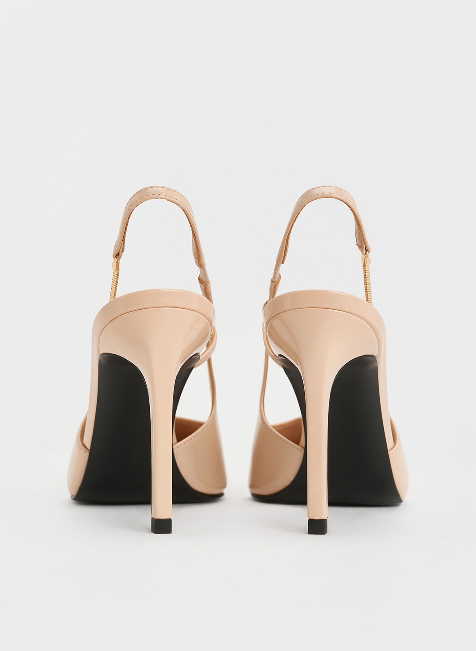 Chain-Strap Pointed-Toe Slingback Pumps, Nude, hi-res
