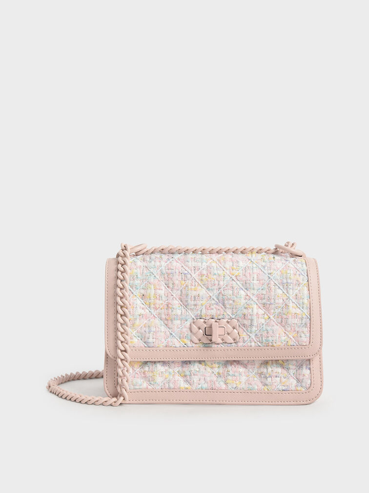 Light Pink Micaela Tweed Quilted Chain Bag - CHARLES & KEITH UK