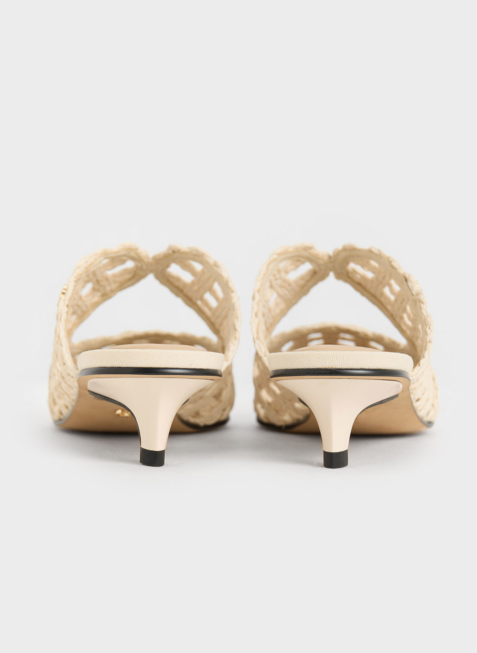 Raffia Kitten-Heel Pointed-Toe Mules, White, hi-res
