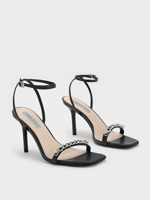 Chain-Embellished Ankle Strap Sandals, Black, hi-res