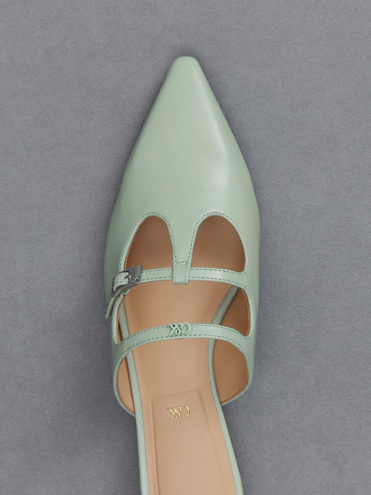 Mint Green Leather T-Bar Double-Strap Mules - CHARLES & KEITH UK