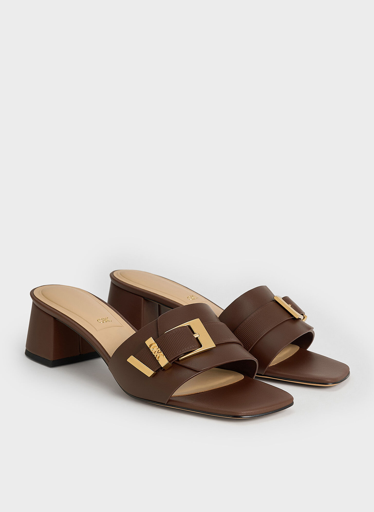 Whitney Leather Buckled Block-Heel Mules, Dark Brown, hi-res