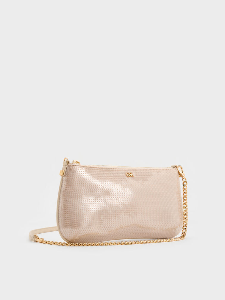Sequin Mesh & Leather Shoulder Bag, Champagne Nude, hi-res