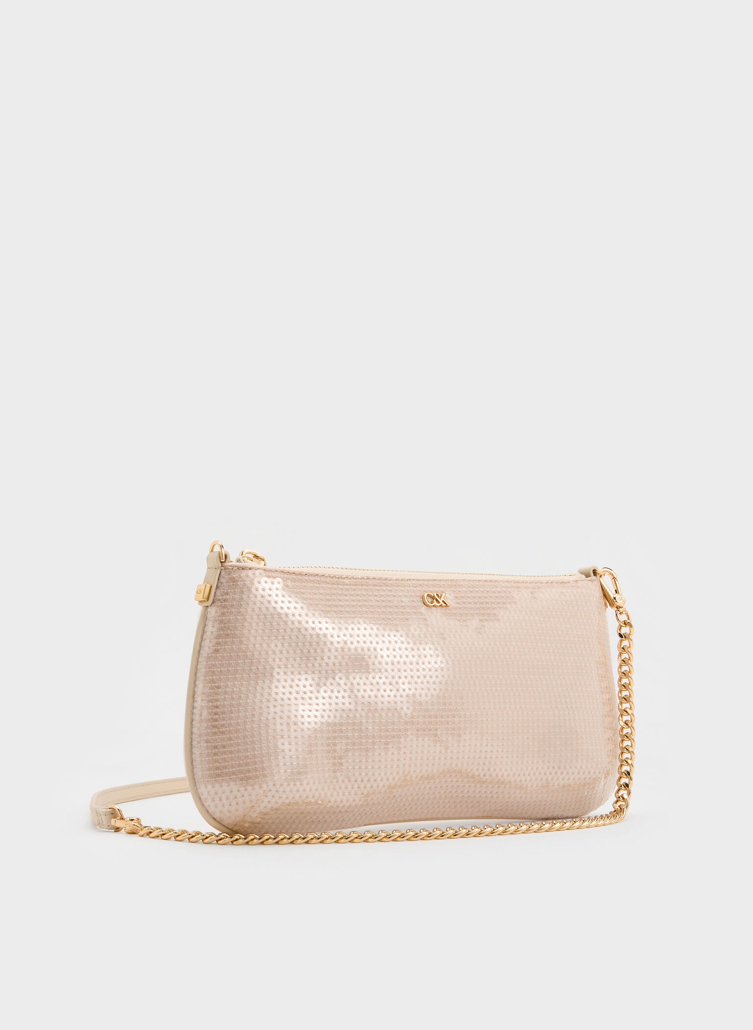 Sequin Mesh & Leather Shoulder Bag, Champagne Nude, hi-res