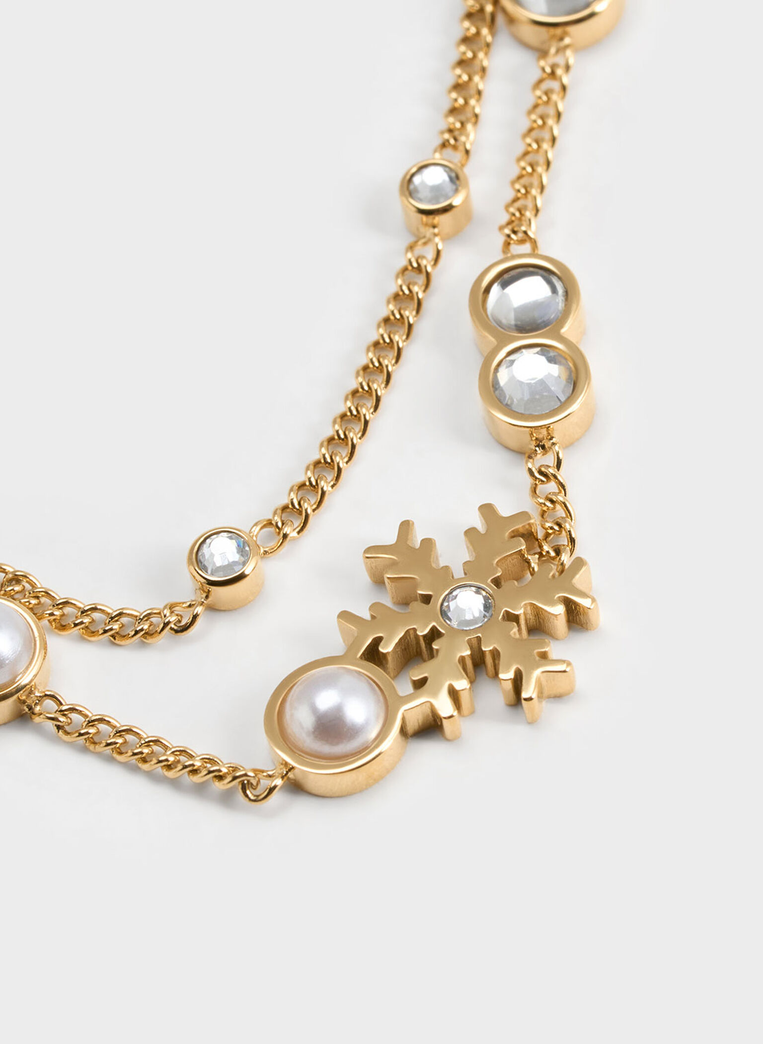 Snowflake-Motif Pearl & Crystal Double Bracelet, Gold, hi-res