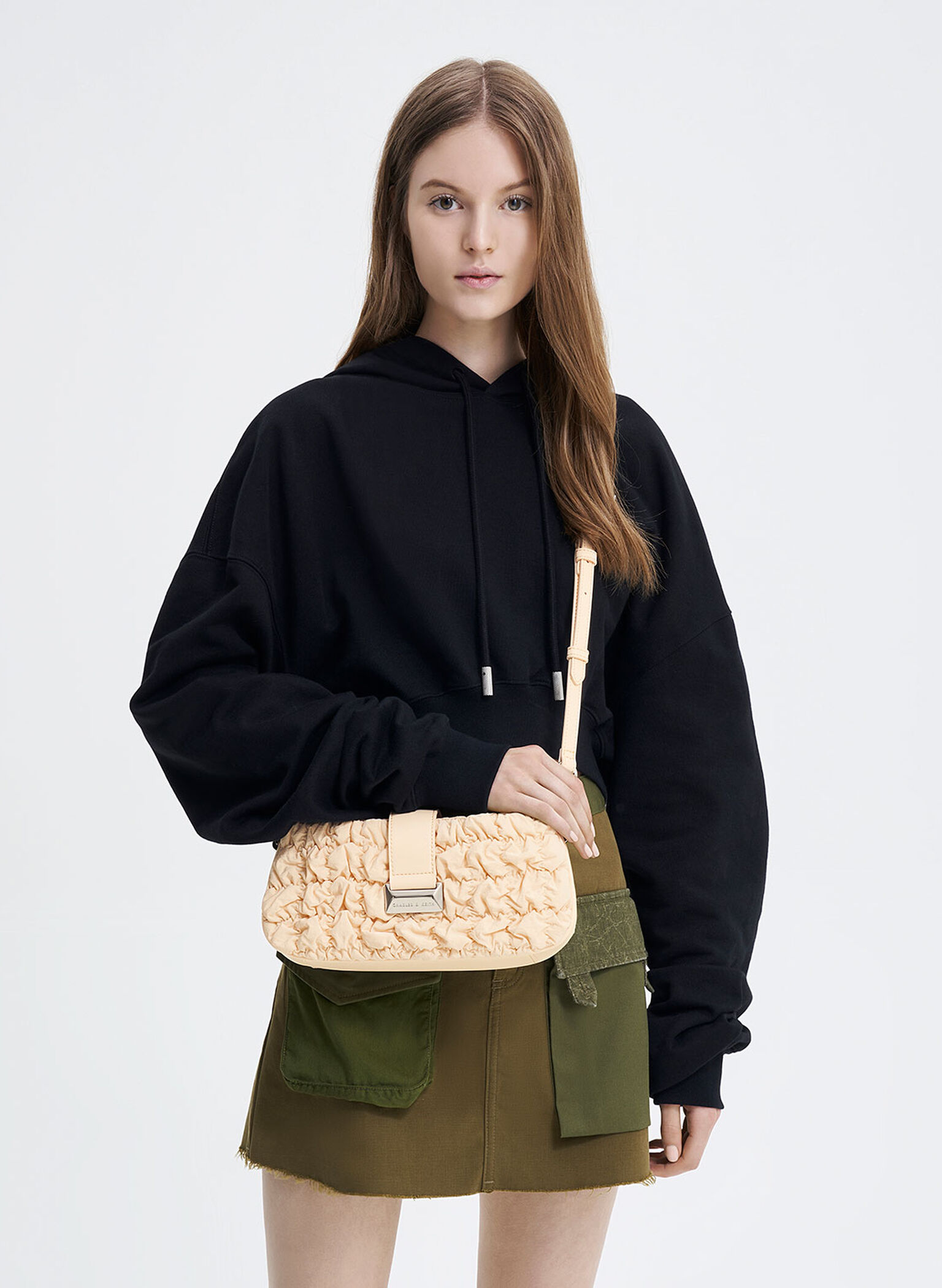 Ruched Nylon Chain Handle Bag, Beige, hi-res