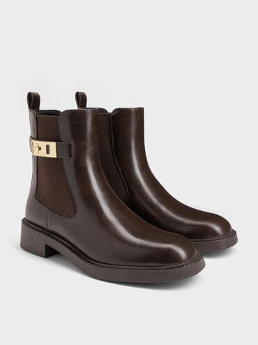Lando Faux Suede Metallic-Buckle Chelsea Boots, Dark Brown, hi-res