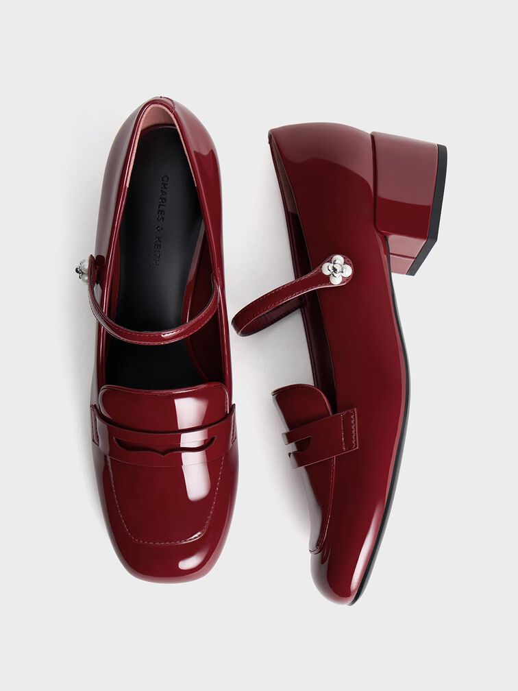Patent Pearl-Embellished Flower-Buckle Mary Jane Loafers, Maroon, hi-res