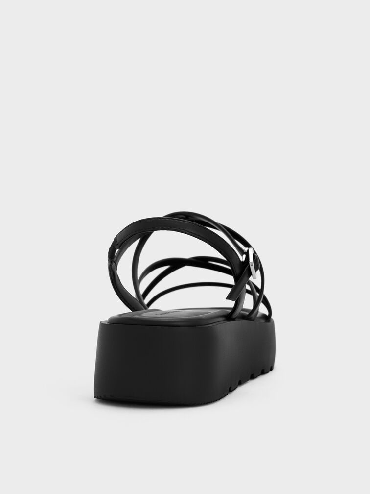 Strappy Ridged-Sole Flatform Sandals, Black, hi-res