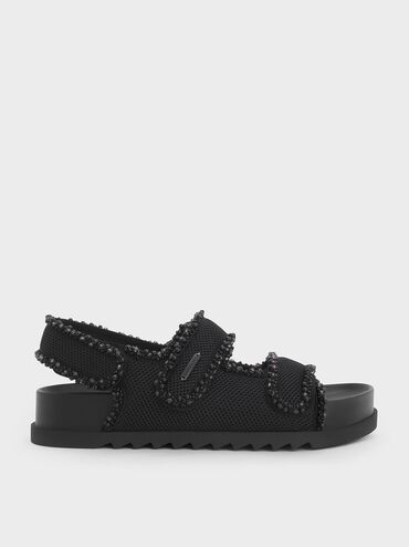 Mesh Pearl-Embellished Flatform Sandals, Black Textured, hi-res