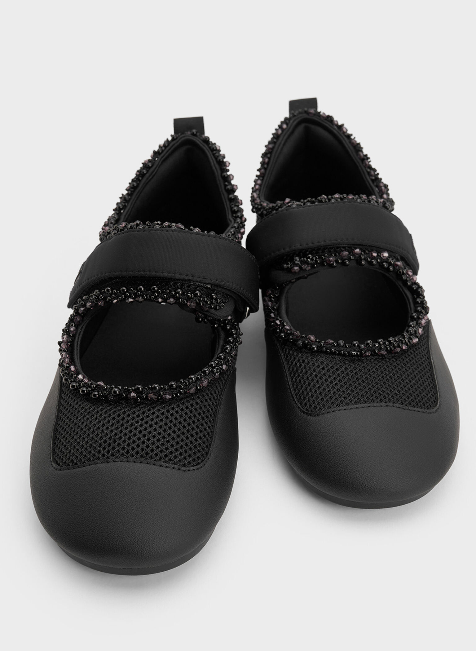Mesh Pearl-Embellished Mary Jane Sneakers, Black Textured, hi-res