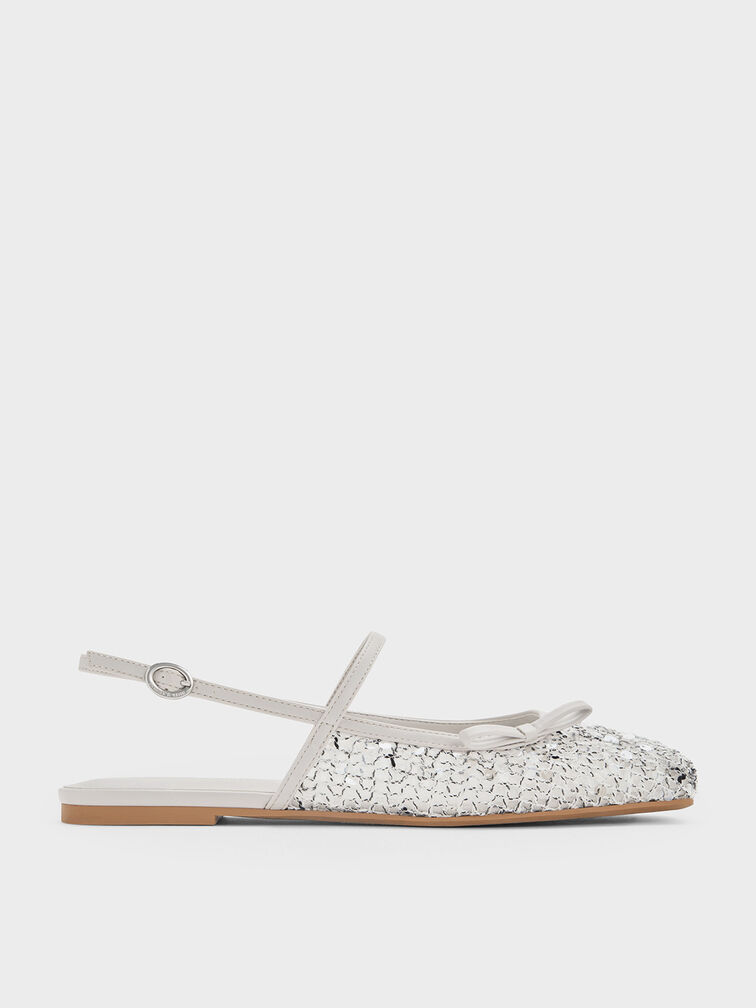 Mesh Sequinned Bow Slingback Mary Jane Flats, Multi, hi-res