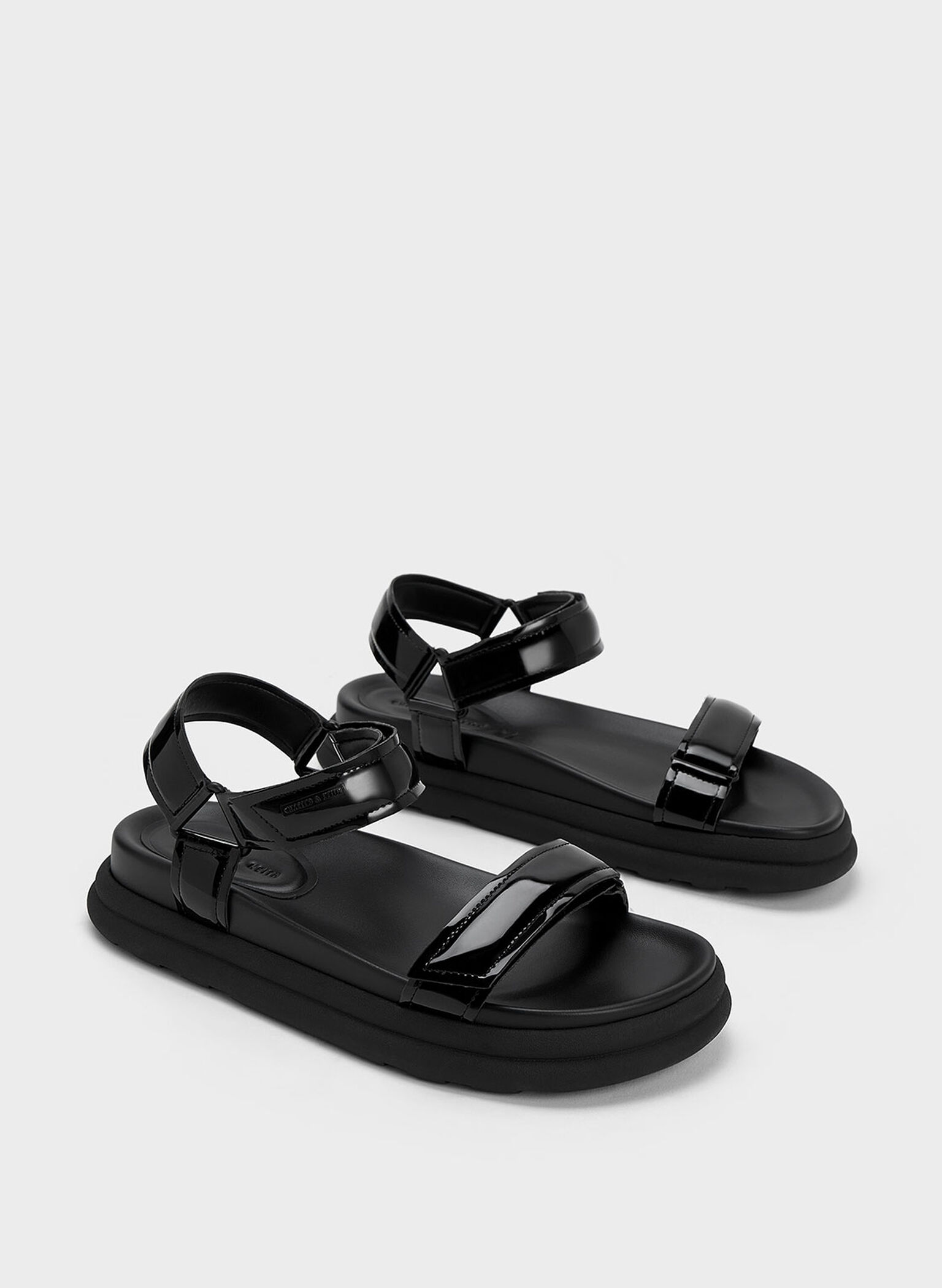 Patent Strappy Sports Sandals, Black Patent, hi-res