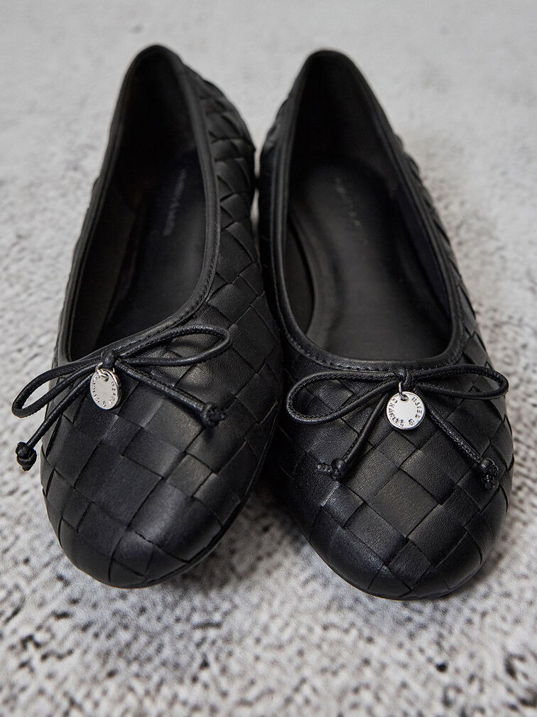 Woven Bow Ballet Flats, Black, hi-res