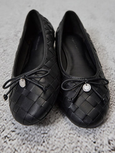 Woven Bow Ballet Flats, Black, hi-res