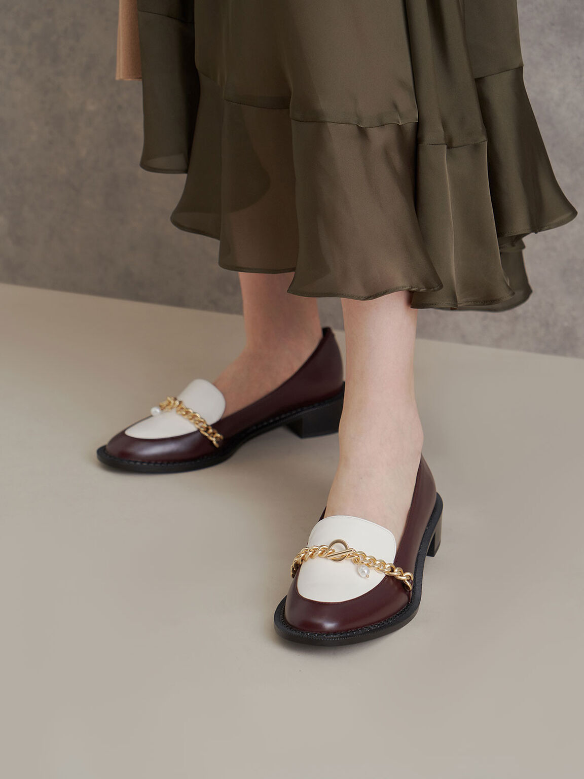 Two-Tone Chain Link Loafers, Maroon, hi-res