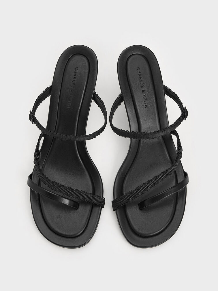 Strappy-Lace Thong Sandals, Black Textured, hi-res