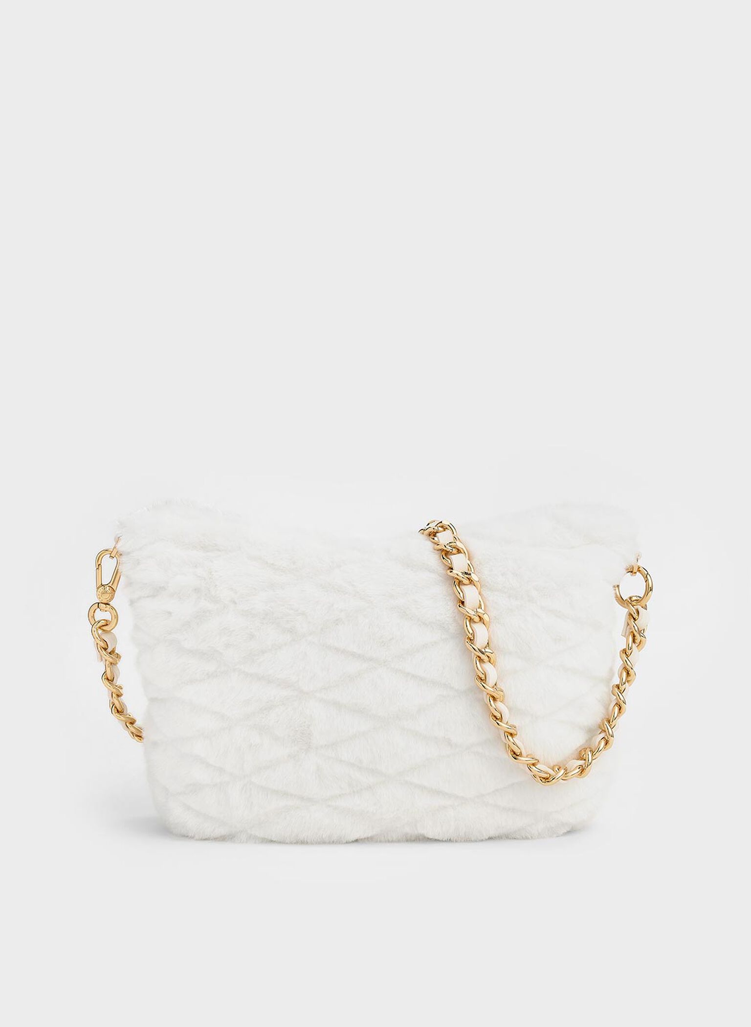 Duo Furry Quilted Crescent Bag, White, hi-res