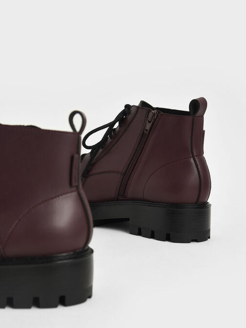Lace-Up Chunky Ankle Boots, Burgundy, hi-res