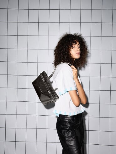 Sloane Metallic Elongated-Handle Shoulder Bag, Pewter, hi-res