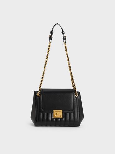 Donna Crinkle-Effect Shoulder Bag, Black, hi-res
