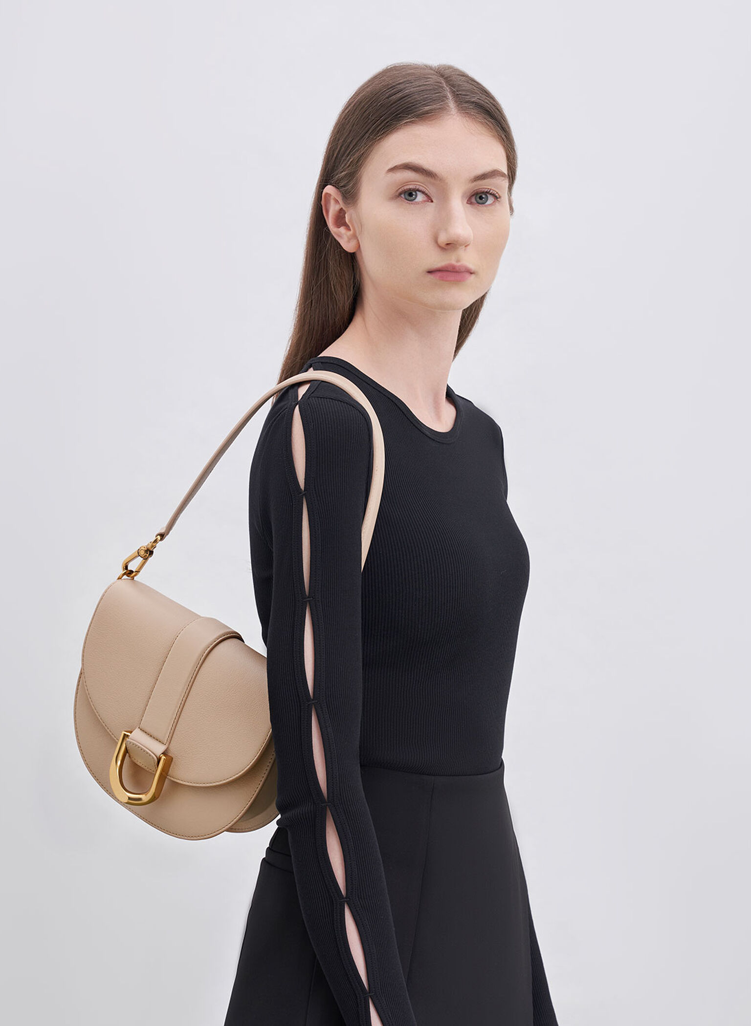 Gabine Leather Saddle Bag, Beige, hi-res