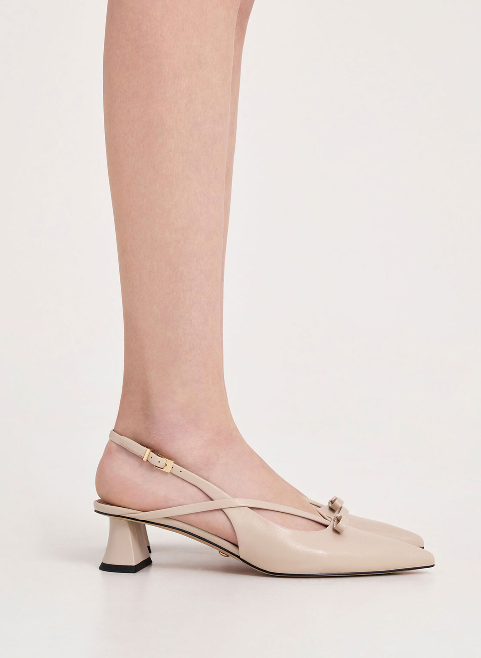 Leather Bow Strappy Slingback Pumps, Nude, hi-res