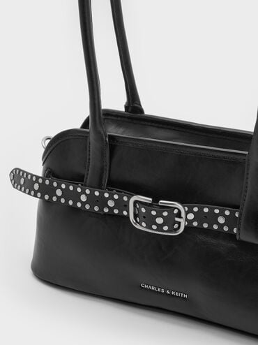 Victoria Studded Belted Elongated Shoulder Bag, Noir, hi-res