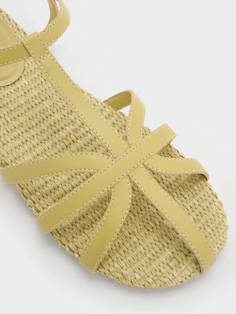 Strappy Raffia T-Bar Ankle-Strap Sandals, Olive, hi-res
