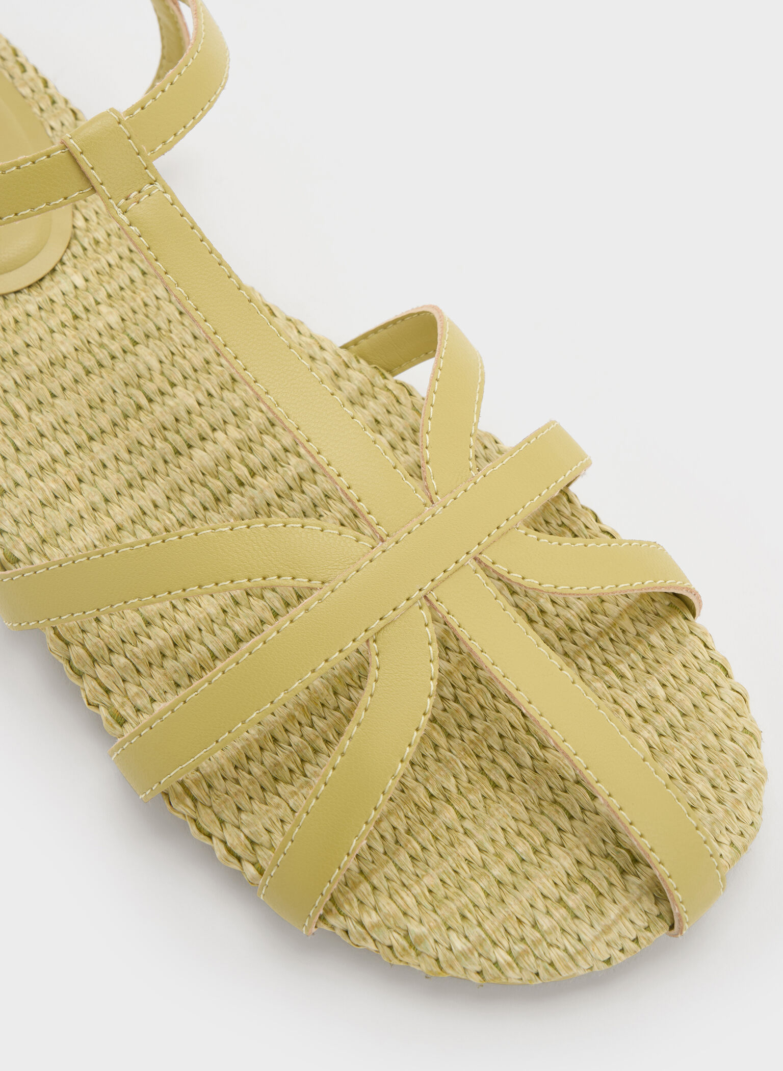 Strappy Raffia T-Bar Ankle-Strap Sandals, Olive, hi-res