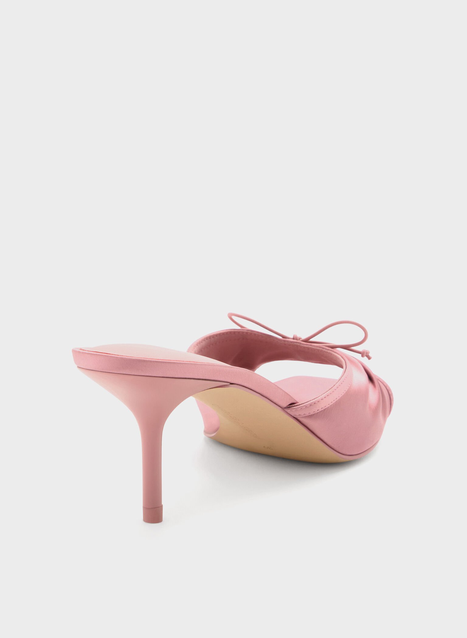Satin Ruched Bow Heeled Mules, Pink, hi-res
