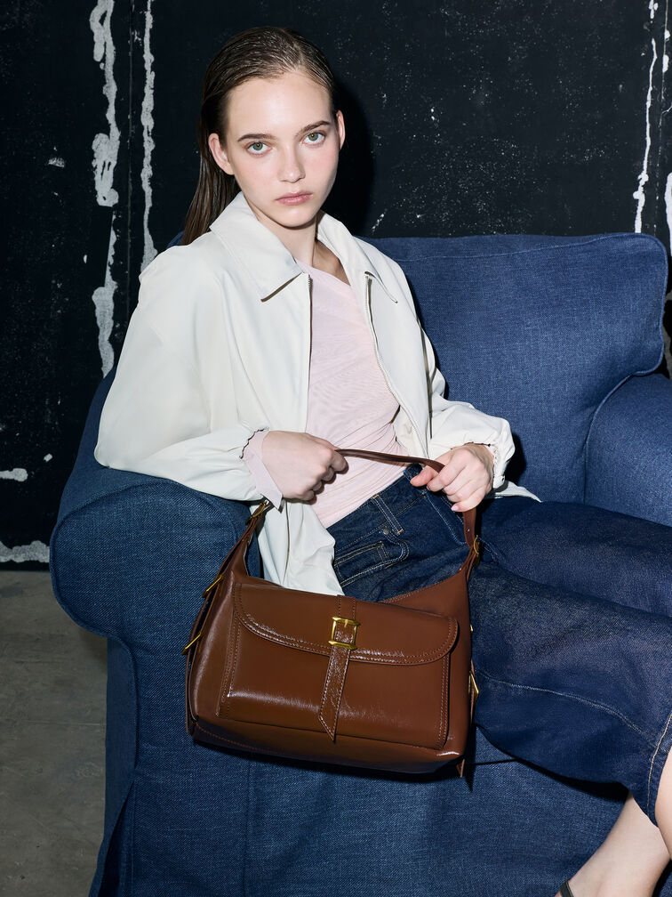 Bryna Belted Hobo Bag, Dark Brown, hi-res