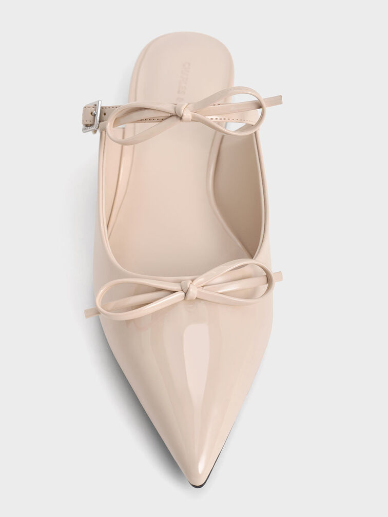 Patent Double-Bow Pointed-Toe Mules, Nude, hi-res