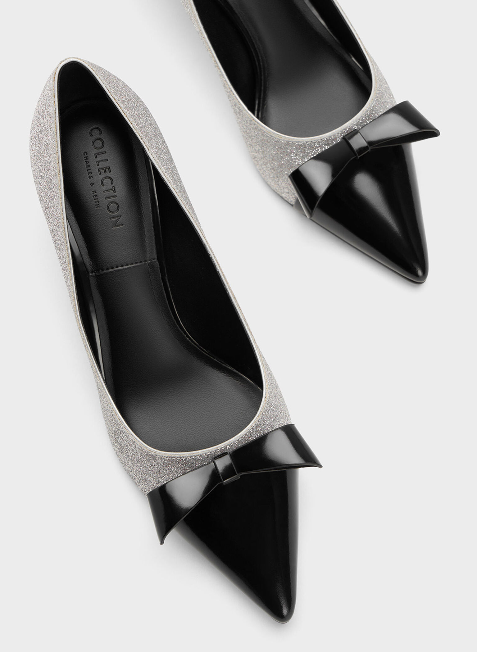 Leather Glittered Pointed-Toe Heels, Silver, hi-res