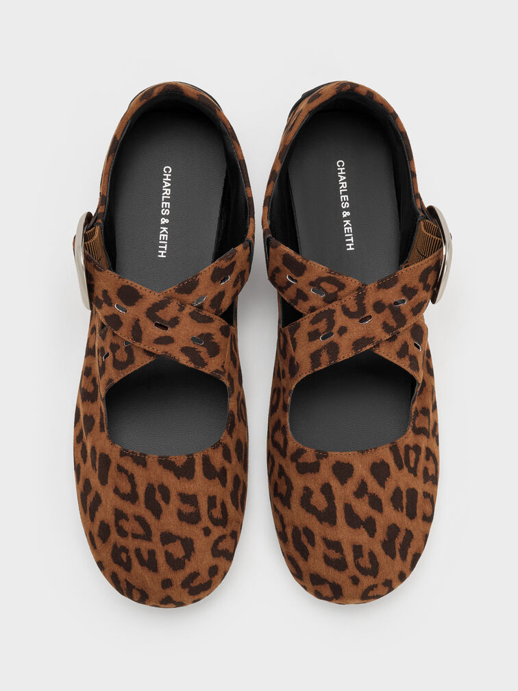 Faux Suede Leopard-Print Crossover-Strap Mary Janes, Animal Print Brown, hi-res