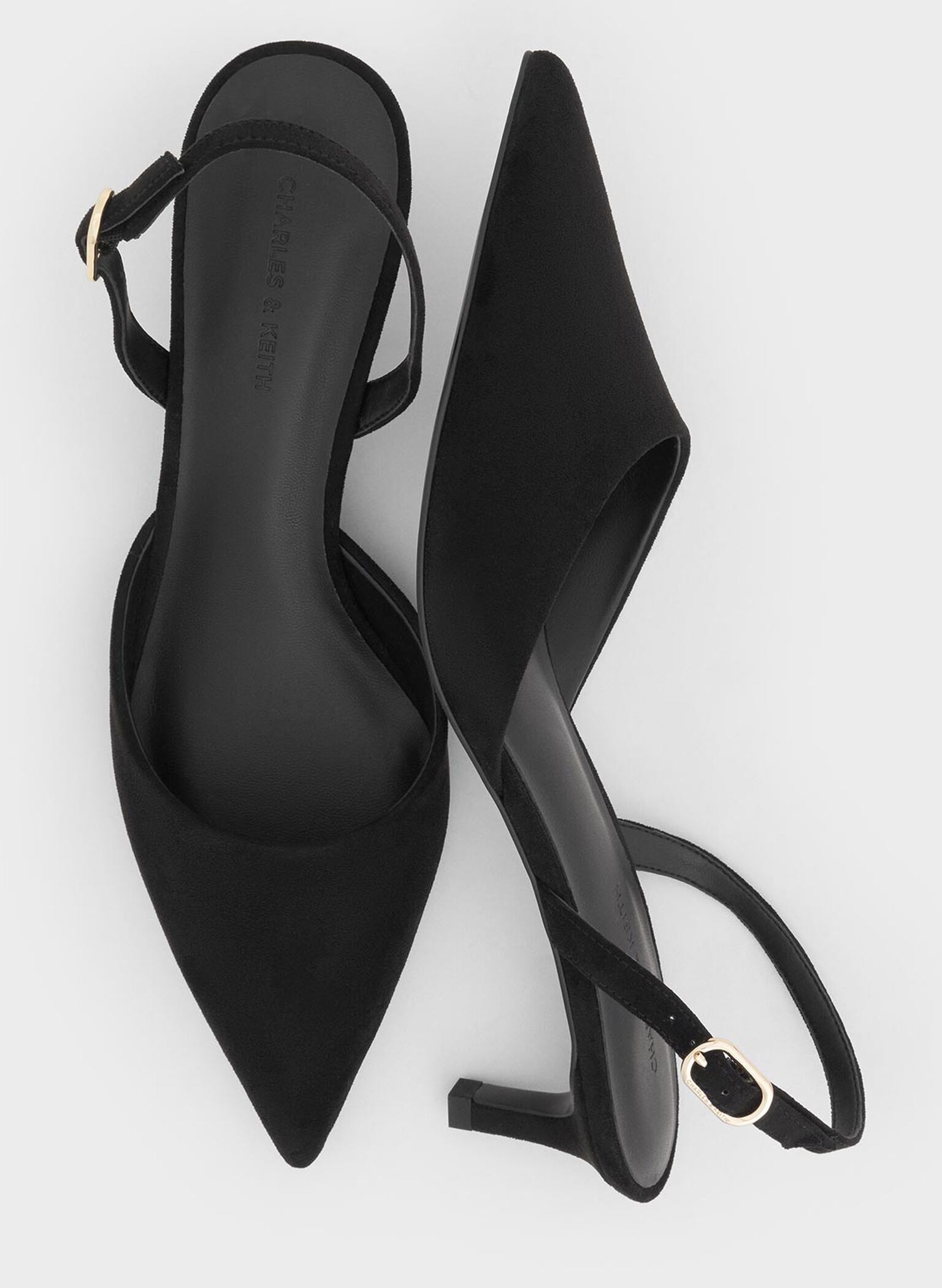Faux Suede Pointed-Toe Slingback Kitten Heels, Black Textured, hi-res