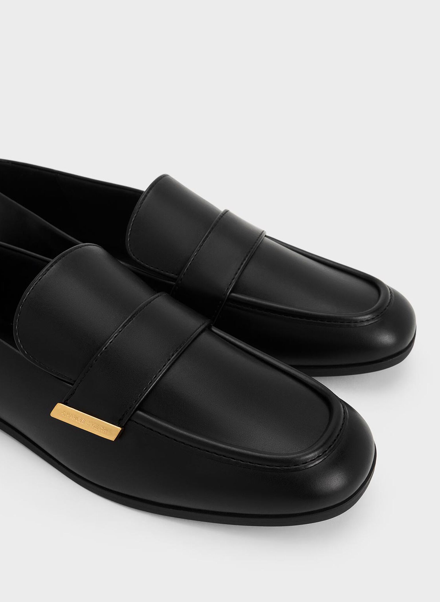 Almond-Toe Flat Loafers, Black, hi-res