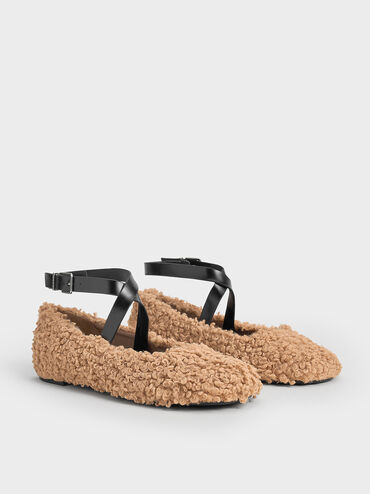 Margot Furry Crossover-Strap Ballet Flats, Camel, hi-res