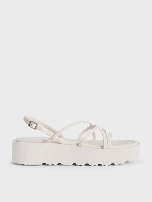 Strappy Ridged-Sole Flatform Sandals, White, hi-res