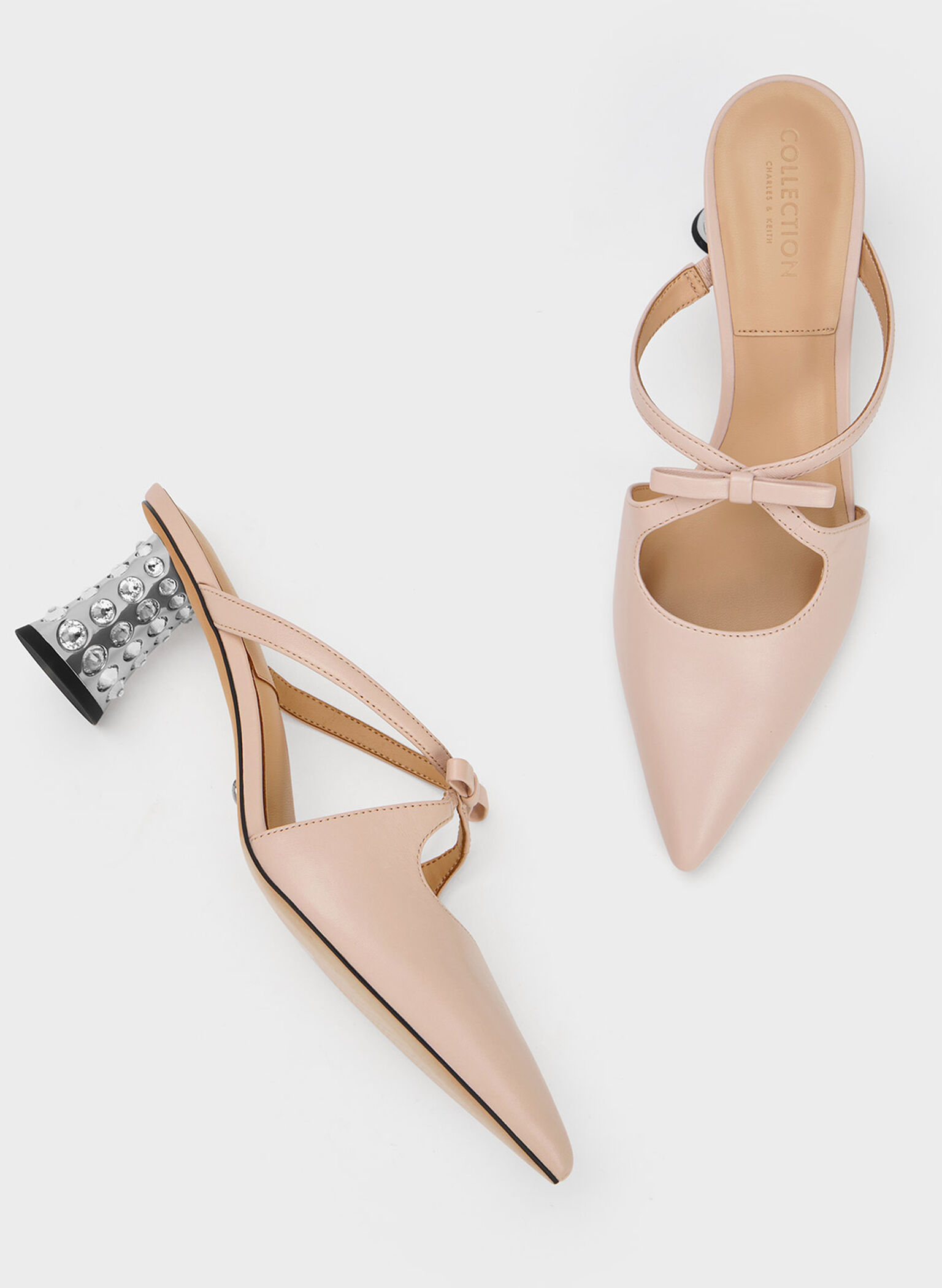 Bow Crossover Gem-Embellished Mules, Nude, hi-res