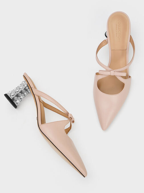 Bow Crossover Gem-Embellished Mules, Nude, hi-res