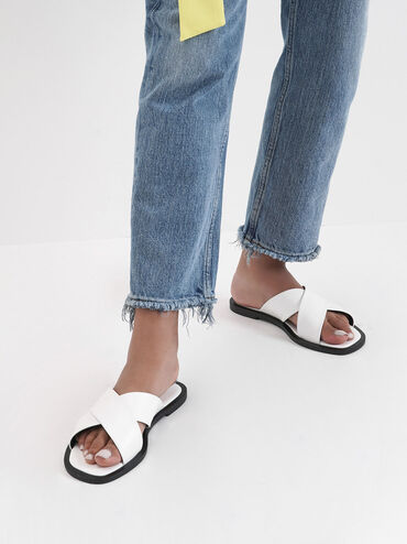 Criss Cross Slide Sandals, White, hi-res