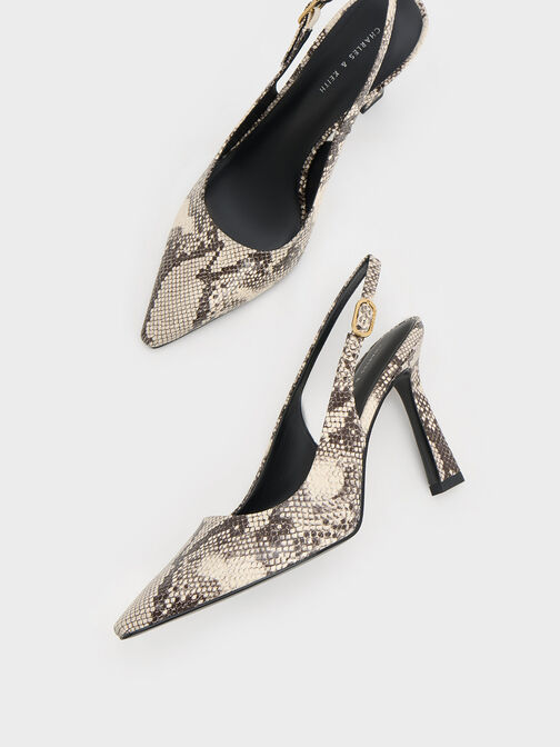 Snake-Print Trapeze Heel Slingback Pumps, Animal Print Natural, hi-res