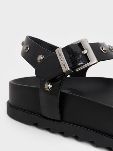 Studded Heart-Embellished Thong Sandals, Black, hi-res