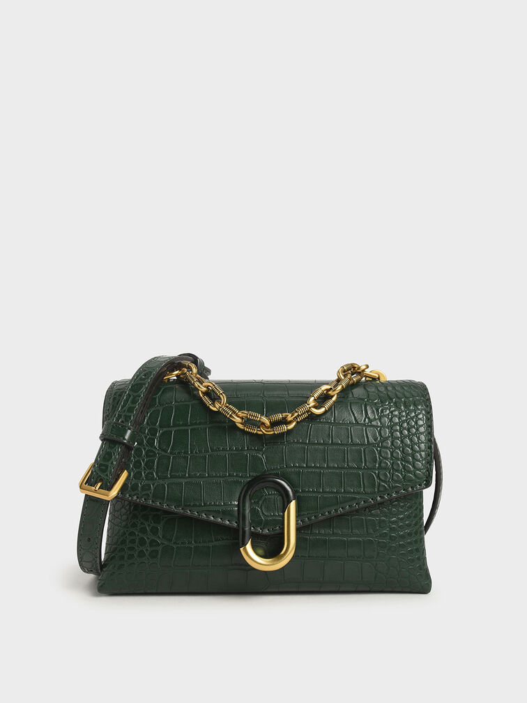 Croc-Effect Chunky Chain Strap Trapeze Bag, Green, hi-res