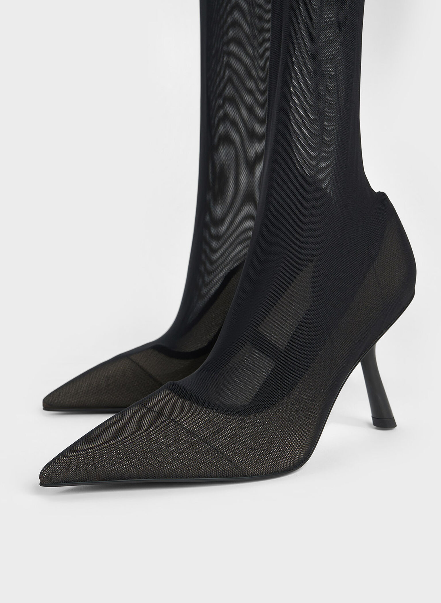 Mesh Slant-Heel Thigh-High Boots, Black Textured, hi-res