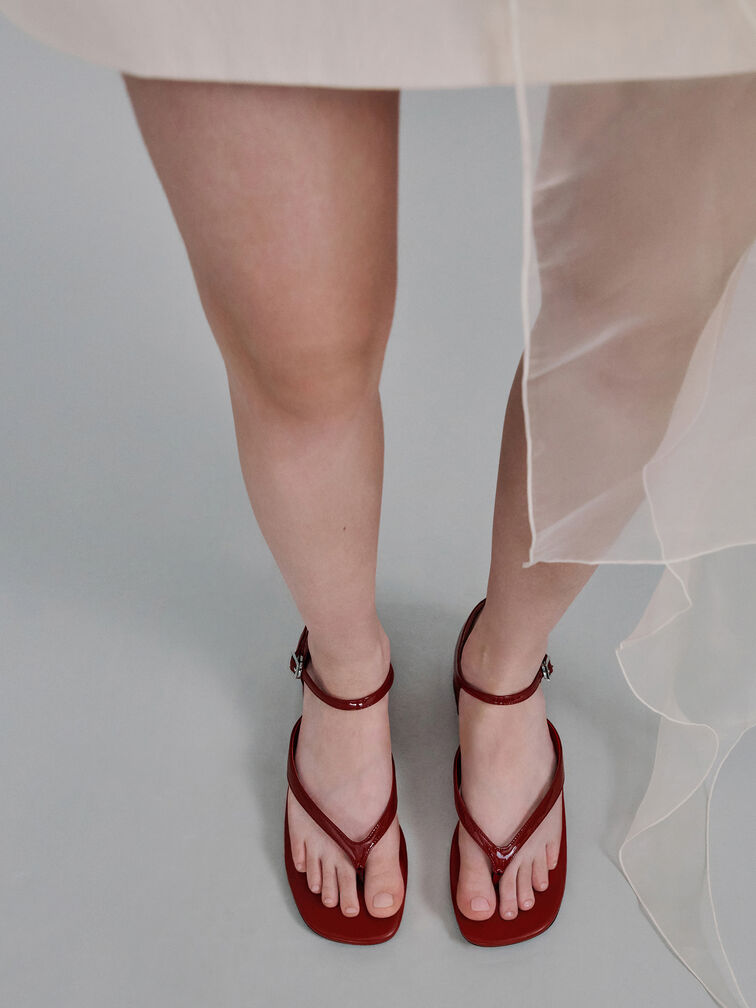 Patent Block-Heel Ankle-Strap Thong Sandals, Red, hi-res