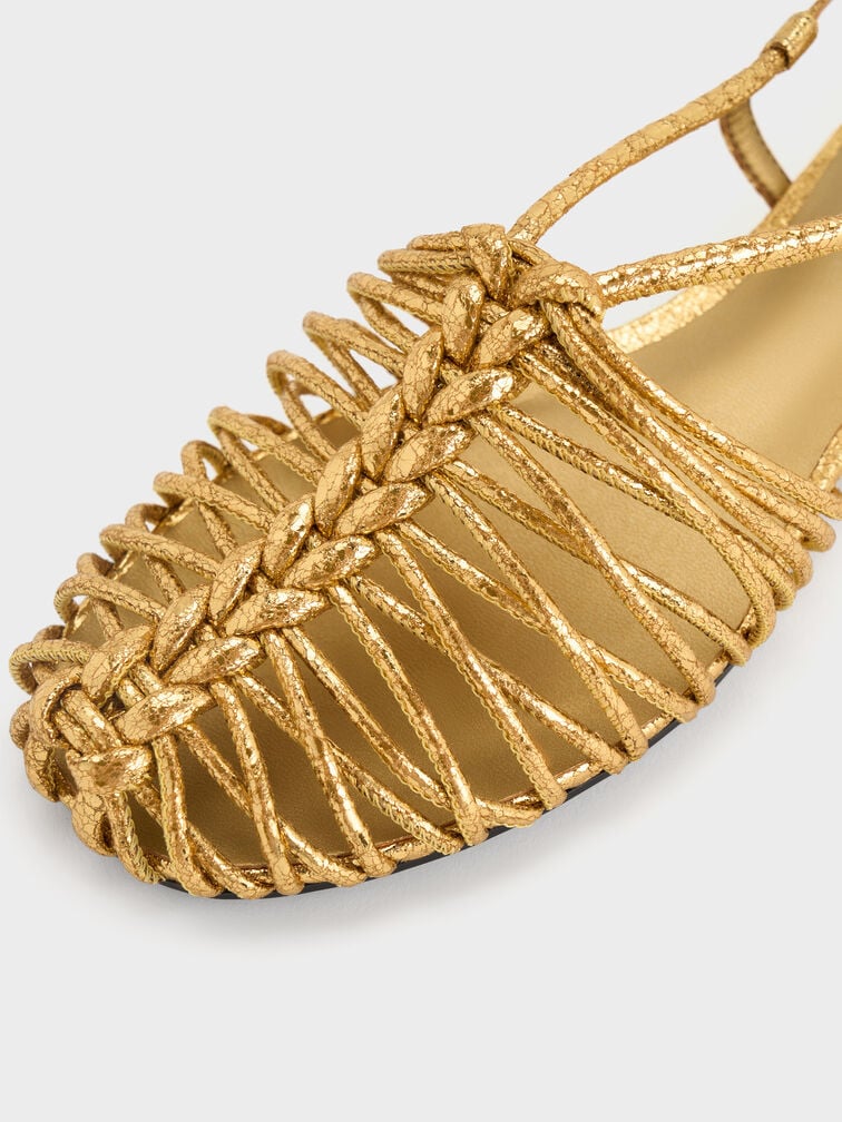 Metallic Woven Slingback Caged Sandals, Gold, hi-res